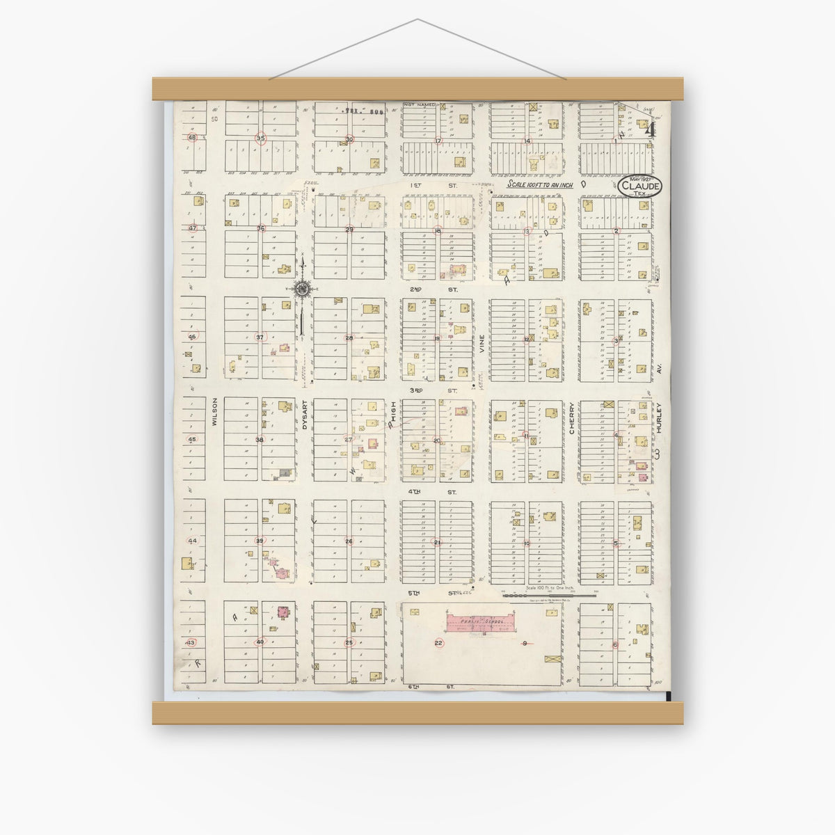 Old map wall art mockup — magnetic wood frame on white wall — Sanborn Fire Insurance Map from Claude, Armstrong County, Texas (1932), Sheet #0004