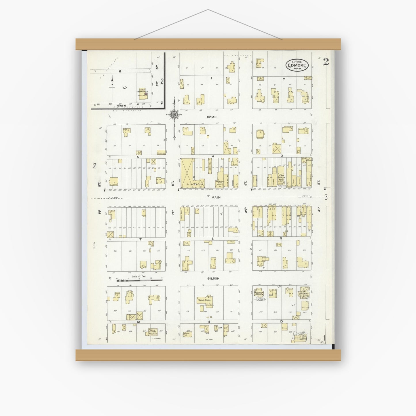 Old map wall art mockup — magnetic wood frame on white wall — Sanborn Fire Insurance Map from Edmore, Montcalm County, Michigan (1910), Sheet #0002