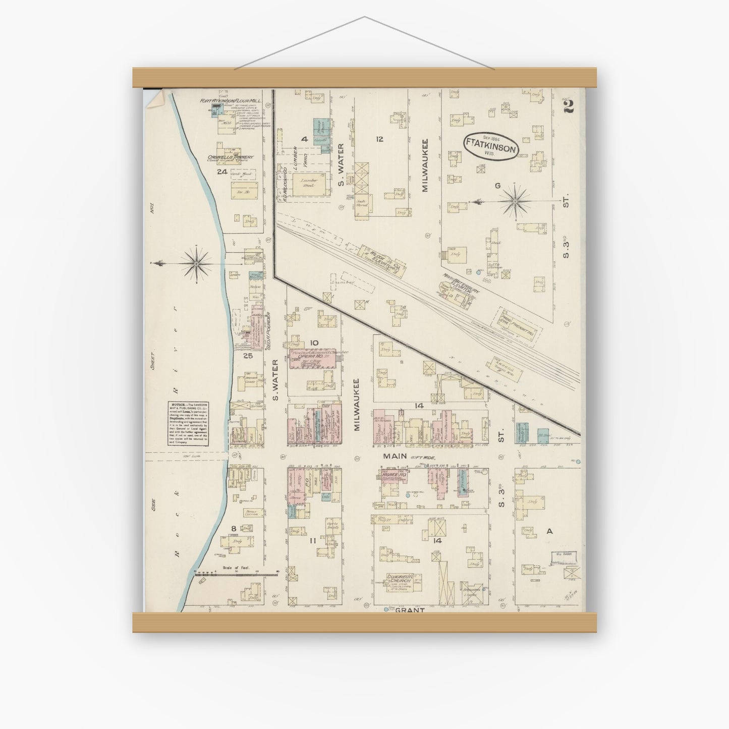 Old map wall art mockup — magnetic wood frame on white wall — Sanborn Fire Insurance Map from Fort Atkinson, Jefferson County, Wisconsin (1884), Sheet #0002