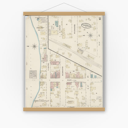 Old map wall art mockup — magnetic wood frame on white wall — Sanborn Fire Insurance Map from Fort Atkinson, Jefferson County, Wisconsin (1884), Sheet #0002