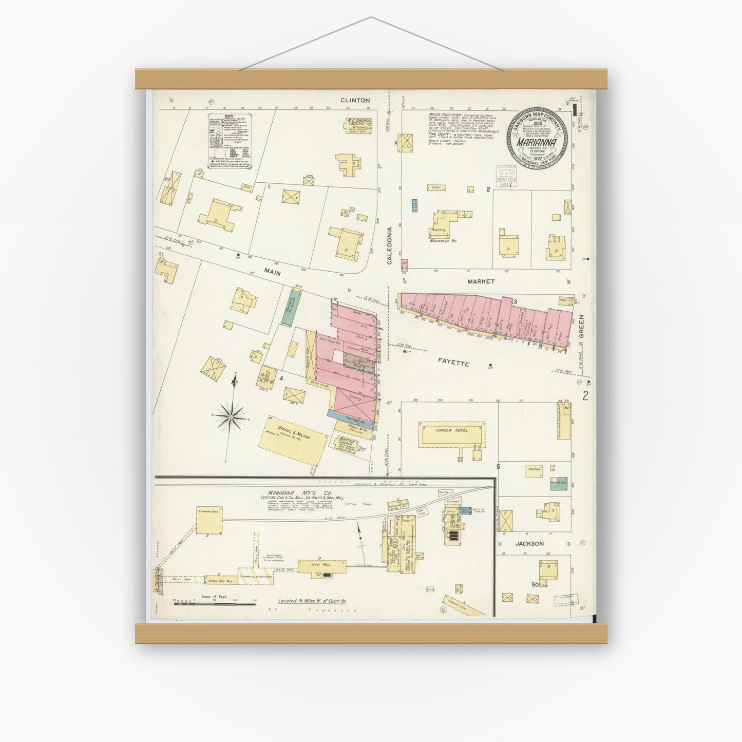 Old map wall art mockup — magnetic wood frame on white wall — Sanborn Fire Insurance Map from Marianna, Jackson County, Florida (1907), Sheet #0001