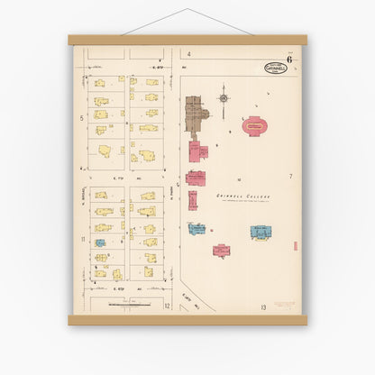 Old map wall art mockup — magnetic wood frame on white wall — Sanborn Fire Insurance Map from Grinnell, Poweshiek County, Iowa (1922), Sheet #0006