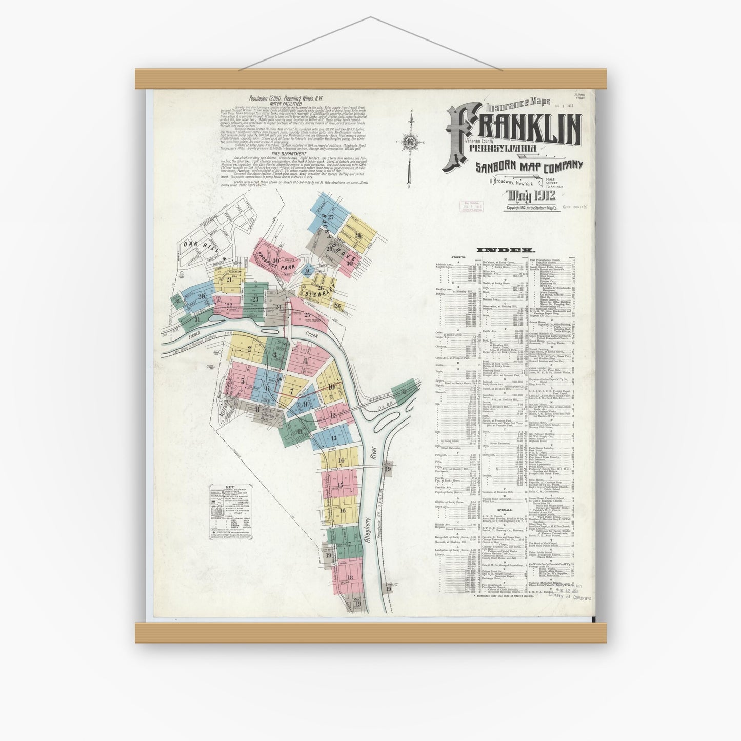 Old map wall art mockup — magnetic wood frame on white wall — Sanborn Fire Insurance Map from Franklin, Venango County, Pennsylvania (1912) - Complete Map Set