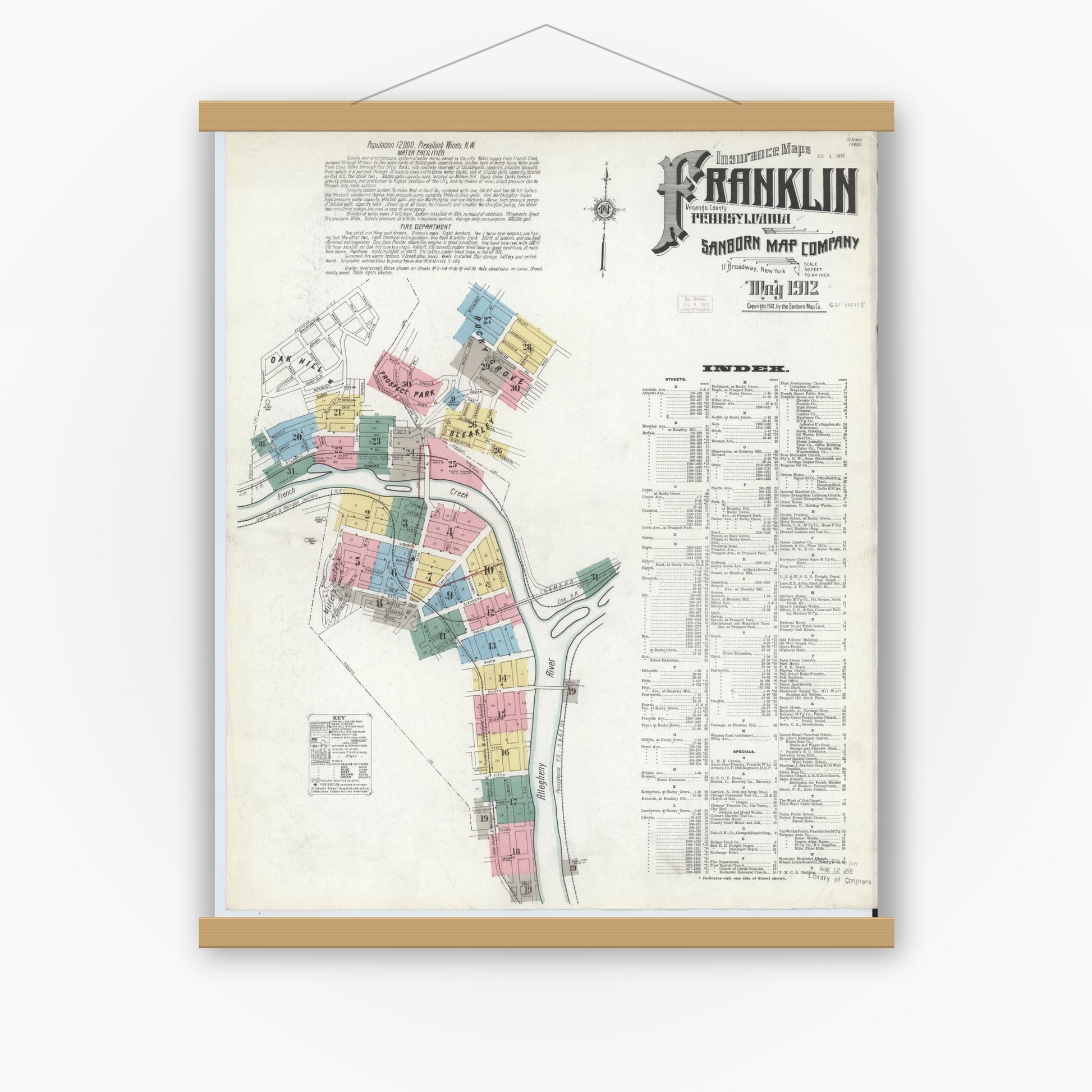 Old map wall art mockup — magnetic wood frame on white wall — Sanborn Fire Insurance Map from Franklin, Venango County, Pennsylvania (1912) - Complete Map Set