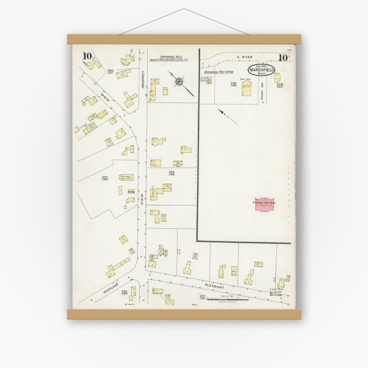 Old map wall art mockup — magnetic wood frame on white wall — Sanborn Fire Insurance Map from Marshfield, Plymouth County, Massachusetts (1925), Sheet #0010