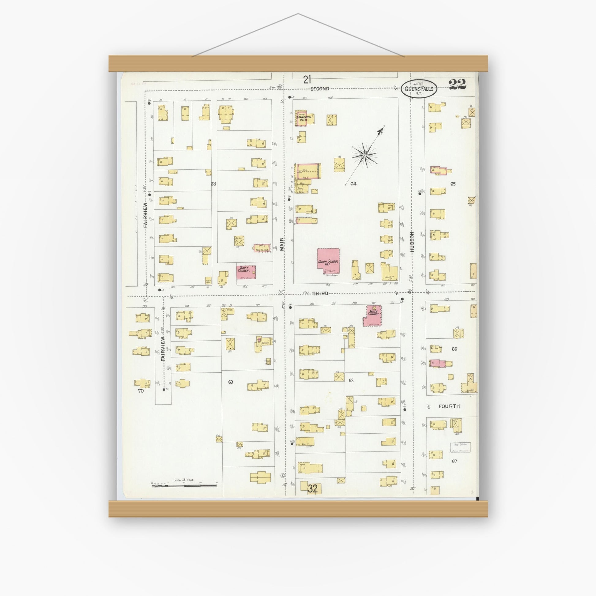 Old map wall art mockup — magnetic wood frame on white wall — Sanborn Fire Insurance Map from Glens Falls, Warren County, New York (1901), Sheet #0022