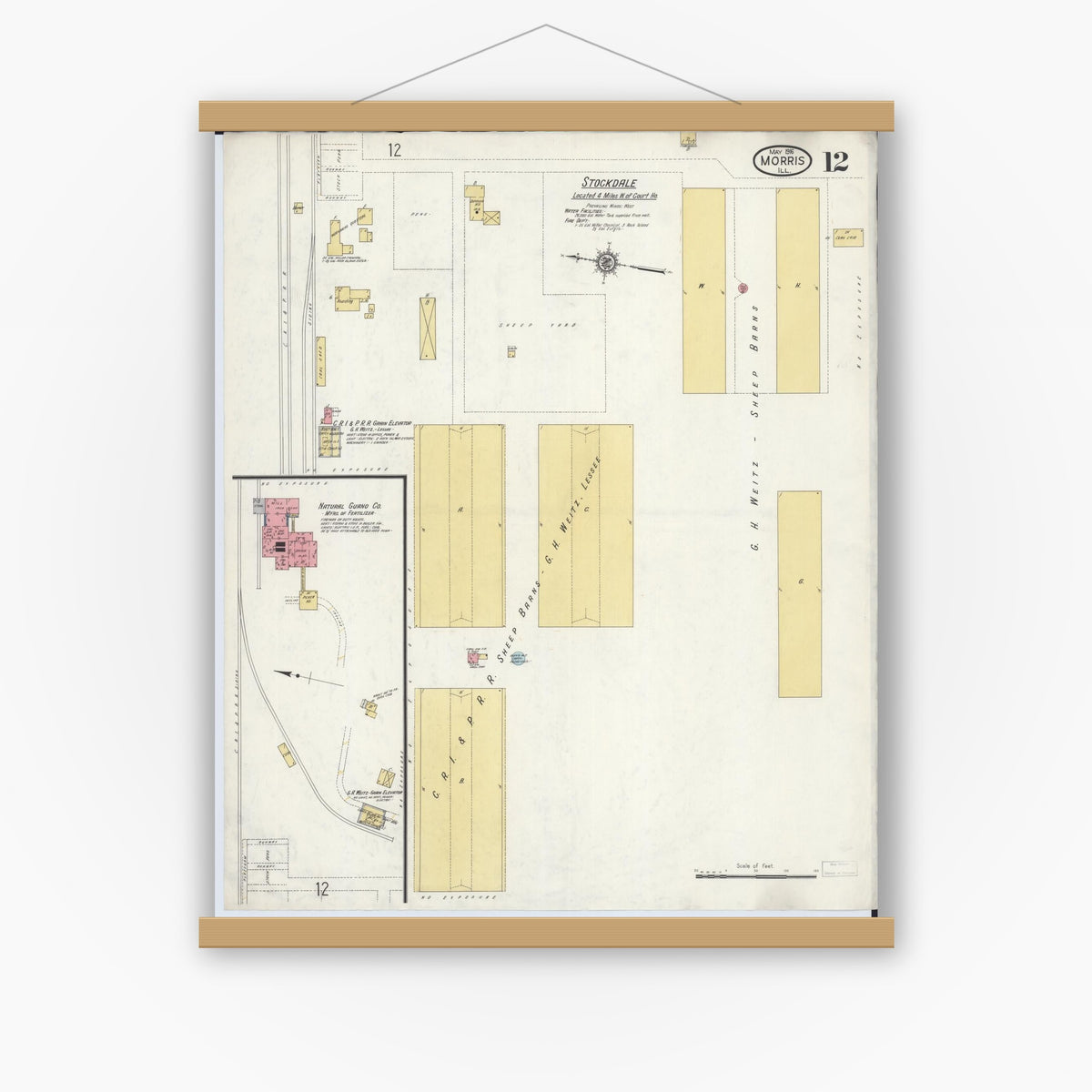 Old map wall art mockup — magnetic wood frame on white wall — Sanborn Fire Insurance Map from Morris, Grundy County, Illinois (1916), Sheet #0012