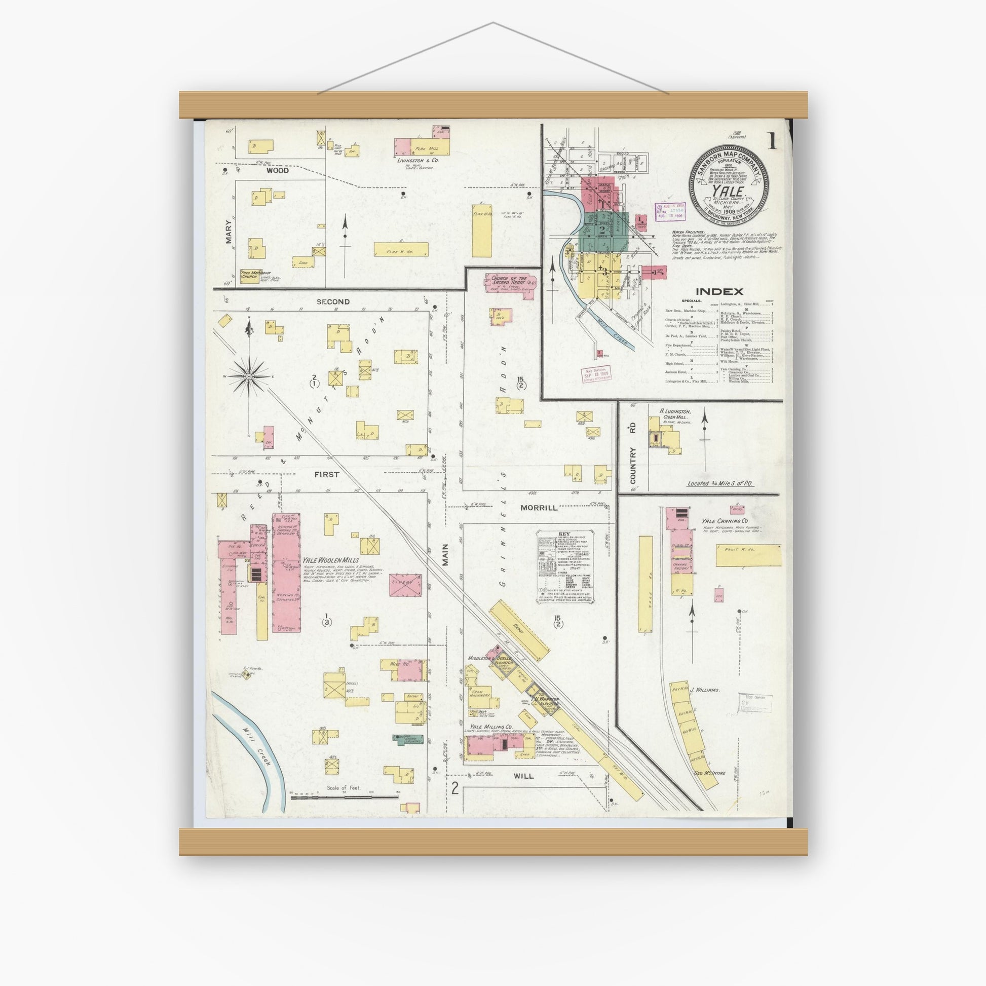 Old map wall art mockup — magnetic wood frame on white wall — Sanborn Fire Insurance Map from Yale, Saint Clair County, Michigan (1909), Sheet #0001