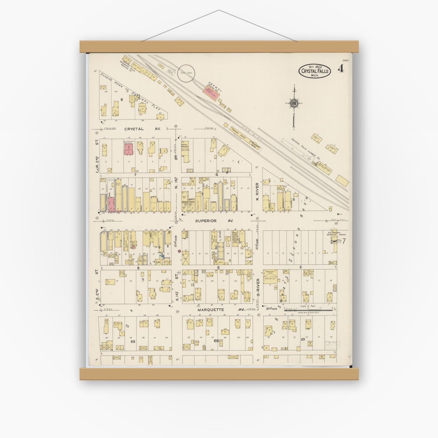 Old map wall art mockup — magnetic wood frame on white wall — Sanborn Fire Insurance Map from Crystal Falls, Iron County, Michigan (1922), Sheet #0004