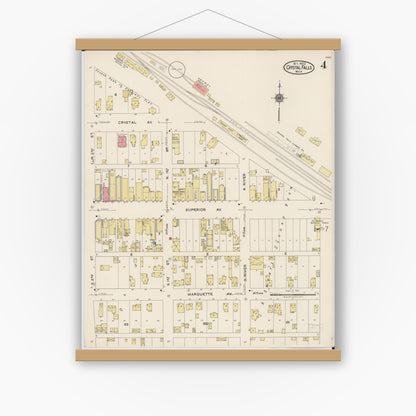 Old map wall art mockup — magnetic wood frame on white wall — Sanborn Fire Insurance Map from Crystal Falls, Iron County, Michigan (1922), Sheet #0004