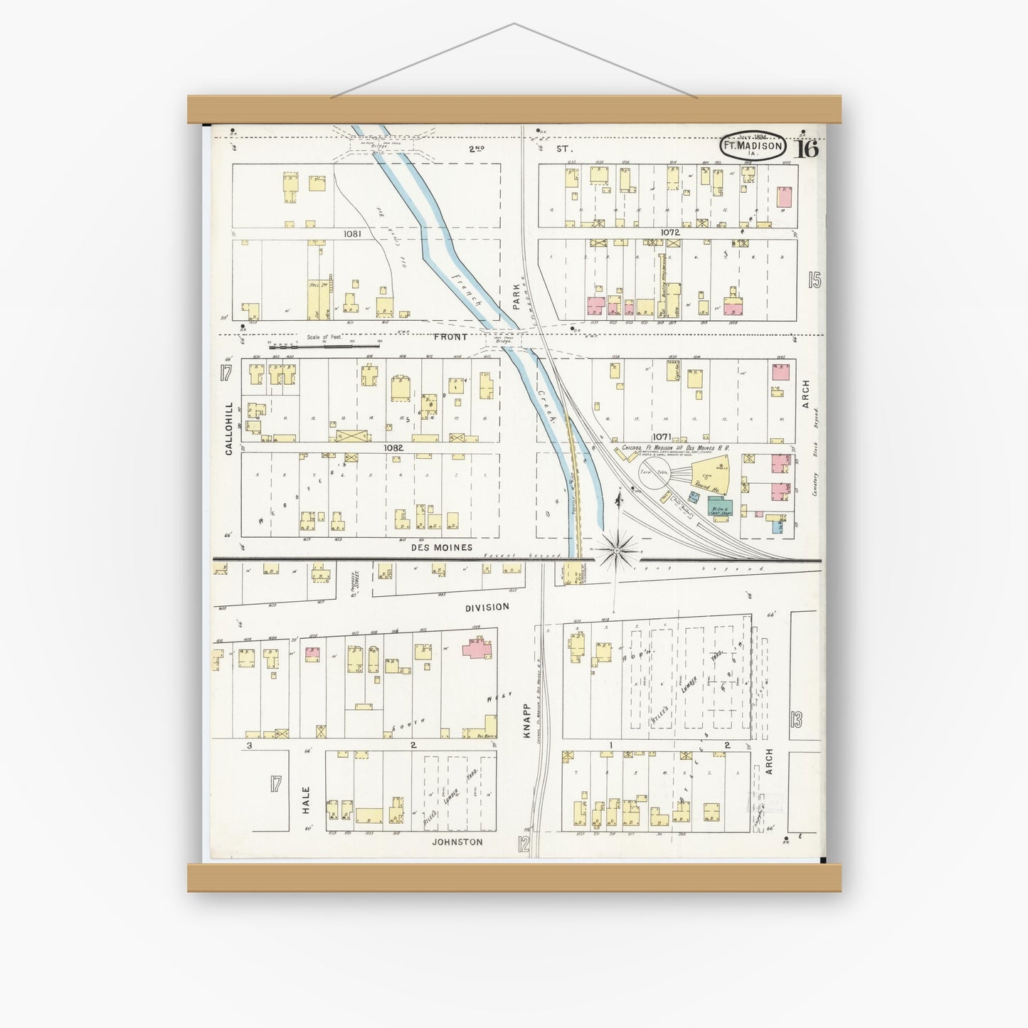 Old map wall art mockup — magnetic wood frame on white wall — Sanborn Fire Insurance Map from Fort Madison, Lee County, Iowa (1894), Sheet #0016