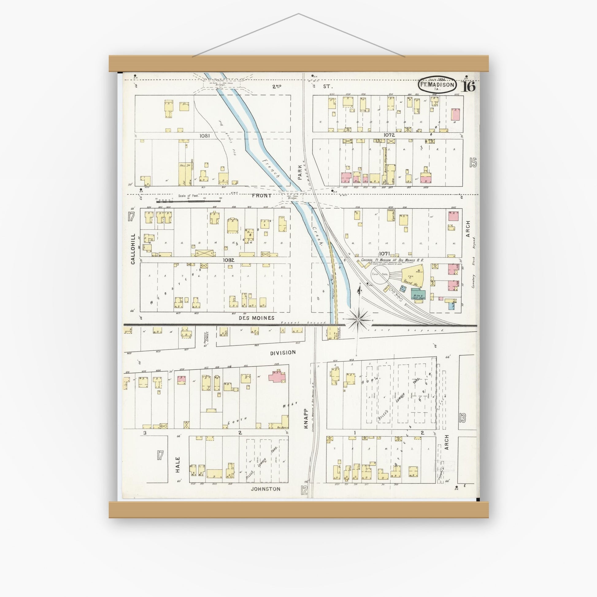 Old map wall art mockup — magnetic wood frame on white wall — Sanborn Fire Insurance Map from Fort Madison, Lee County, Iowa (1894), Sheet #0016