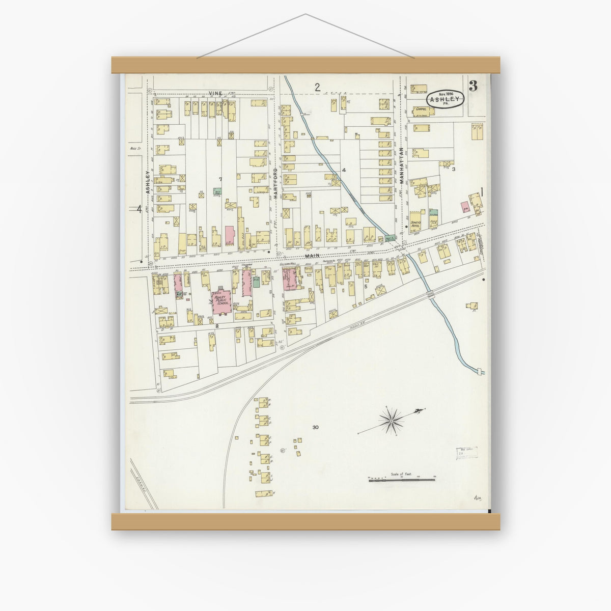 Old map wall art mockup — magnetic wood frame on white wall — Sanborn Fire Insurance Map from Ashley, Luzerne County, Pennsylvania (1896), Sheet #0003