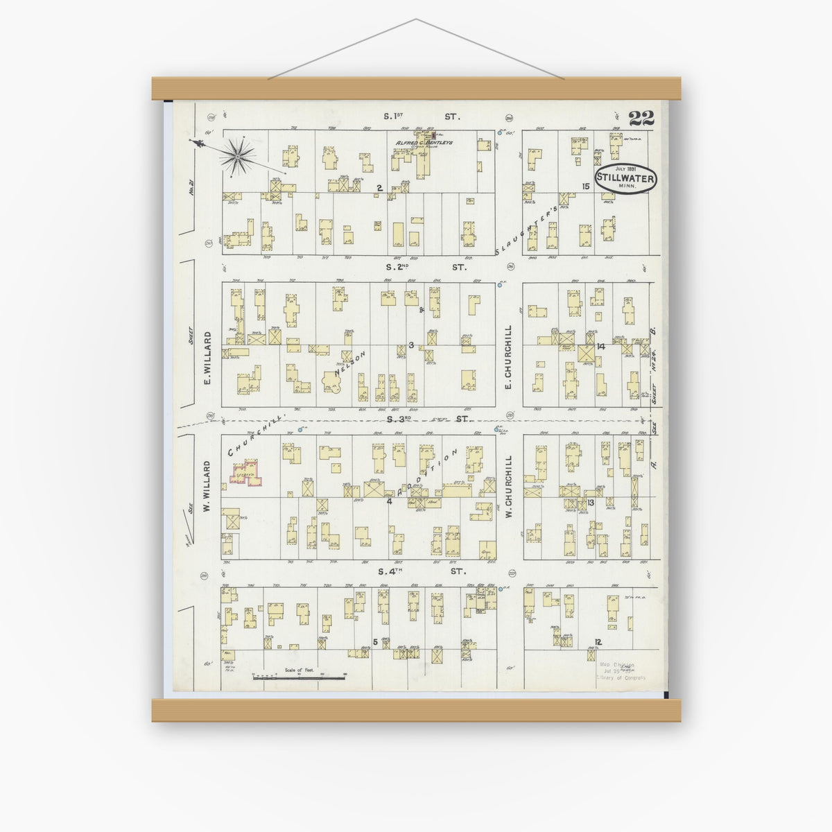 Old map wall art mockup — magnetic wood frame on white wall — Sanborn Fire Insurance Map from Stillwater, Washington County, Minnesota (1891), Sheet #0022