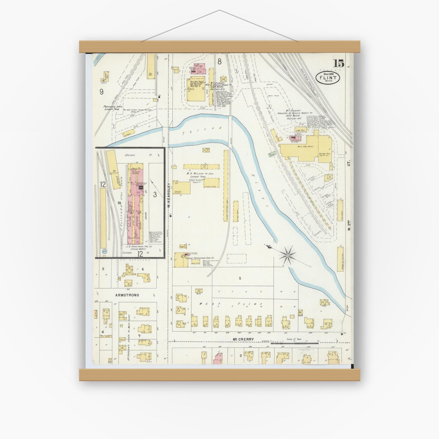 Old map wall art mockup — magnetic wood frame on white wall — Sanborn Fire Insurance Map from Flint, Genesee County, Michigan (1898), Sheet #0015