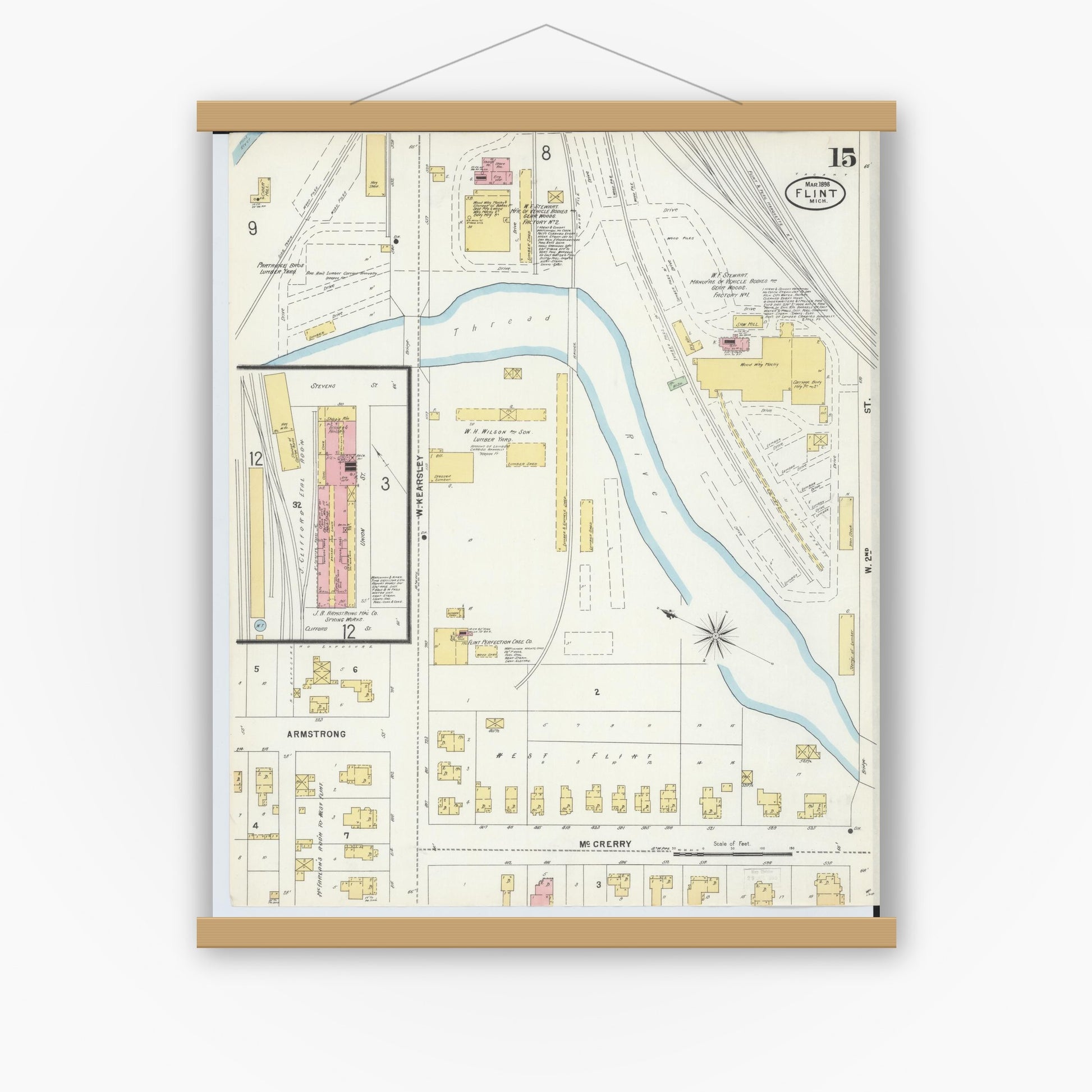 Old map wall art mockup — magnetic wood frame on white wall — Sanborn Fire Insurance Map from Flint, Genesee County, Michigan (1898), Sheet #0015