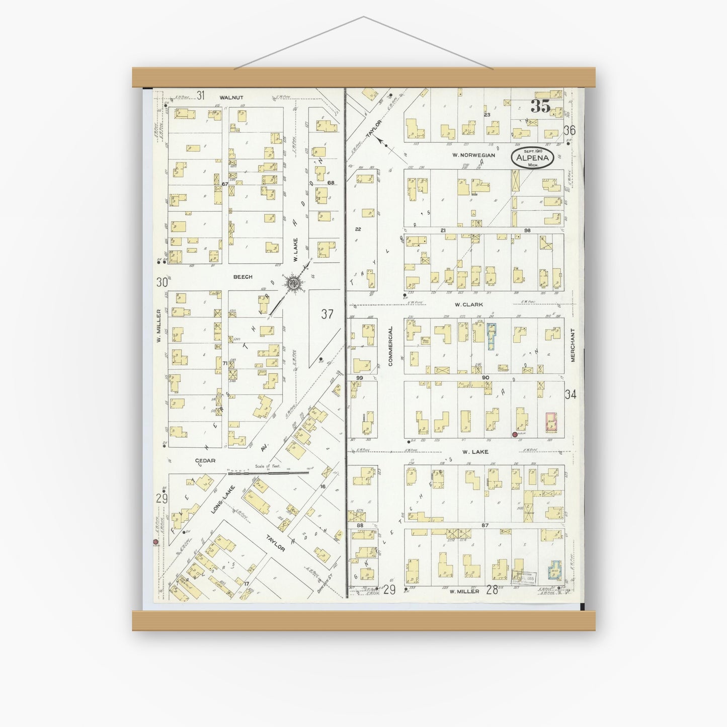 Old map wall art mockup — magnetic wood frame on white wall — Sanborn Fire Insurance Map from Alpena, Alpena County, Michigan (1910), Sheet #0035