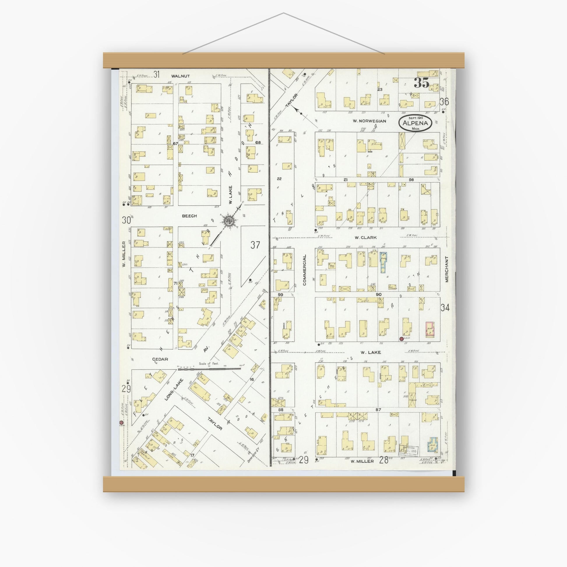 Old map wall art mockup — magnetic wood frame on white wall — Sanborn Fire Insurance Map from Alpena, Alpena County, Michigan (1910), Sheet #0035