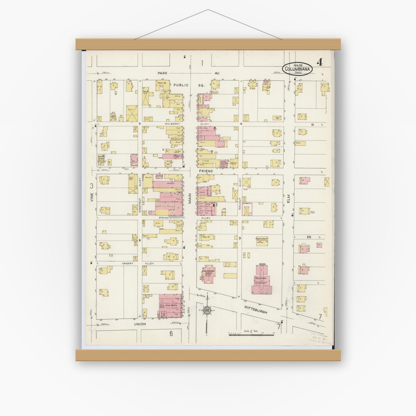 Old map wall art mockup — magnetic wood frame on white wall — Sanborn Fire Insurance Map from Columbiana, Columbiana County, Ohio (1915), Sheet #0004