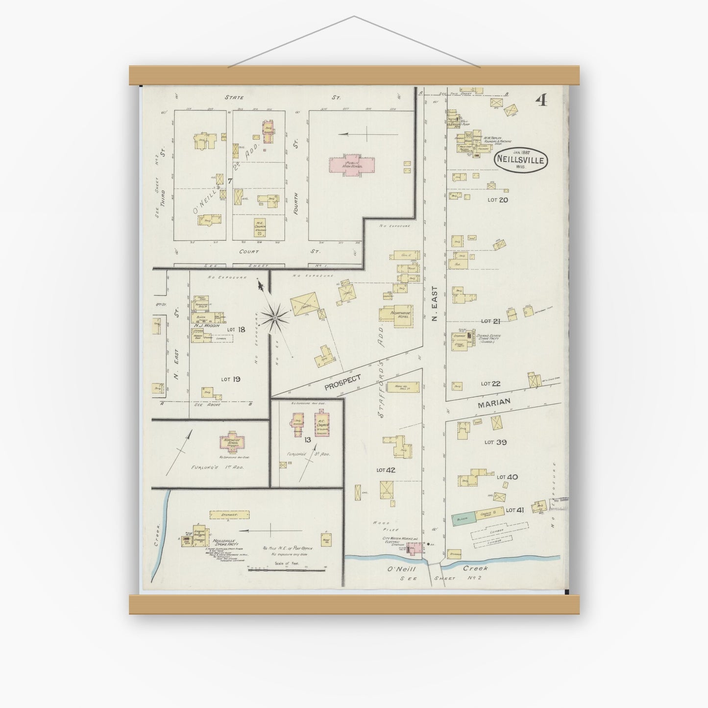 Old map wall art mockup — magnetic wood frame on white wall — Sanborn Fire Insurance Map from Neillsville, Clark County, Wisconsin (1887), Sheet #0004