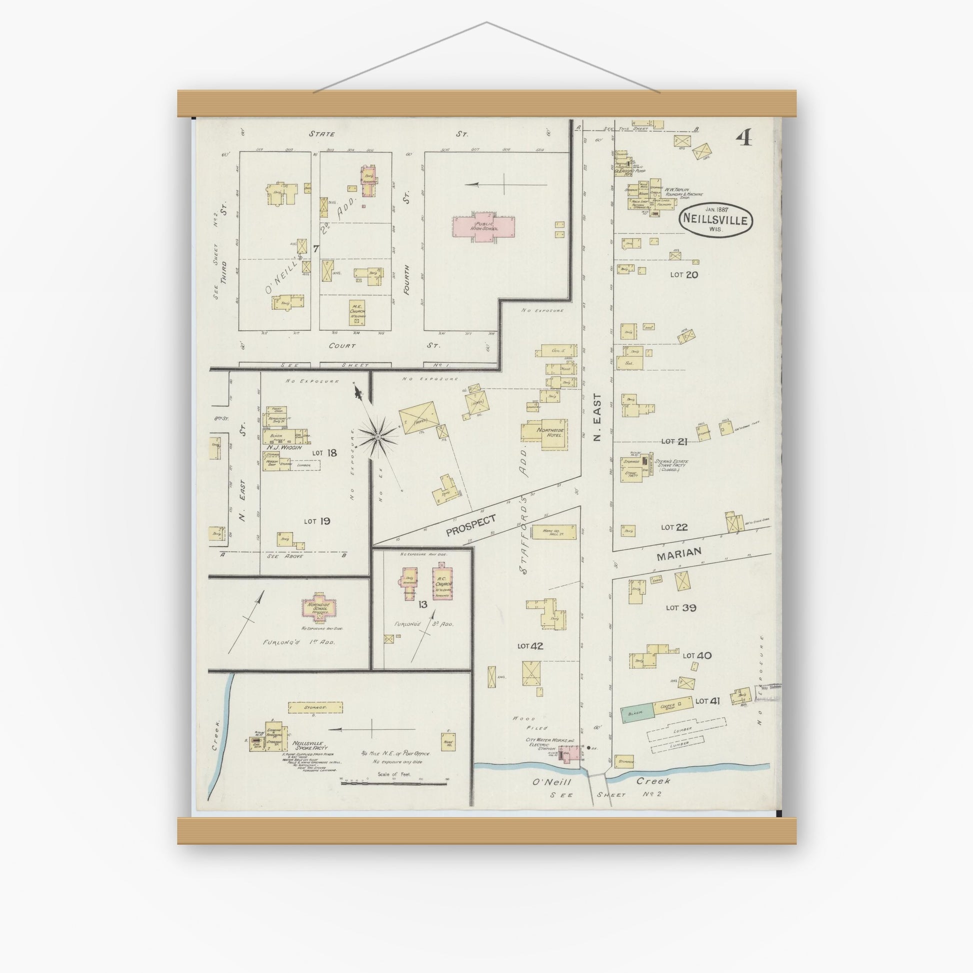 Old map wall art mockup — magnetic wood frame on white wall — Sanborn Fire Insurance Map from Neillsville, Clark County, Wisconsin (1887), Sheet #0004