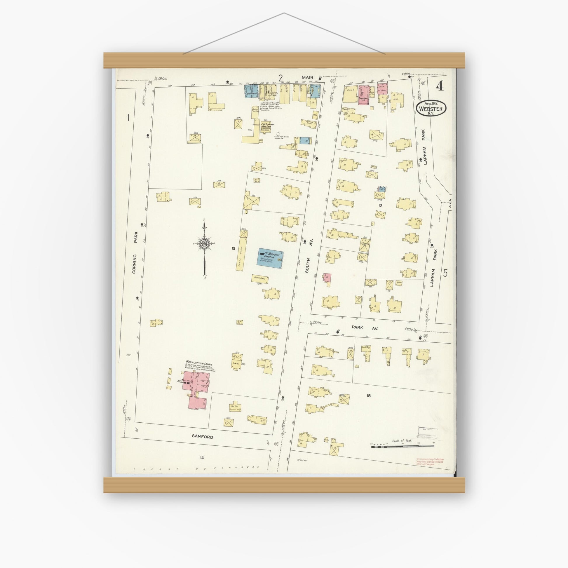 Old map wall art mockup — magnetic wood frame on white wall — Sanborn Fire Insurance Map from Webster, Monroe County, New York (1912), Sheet #0004