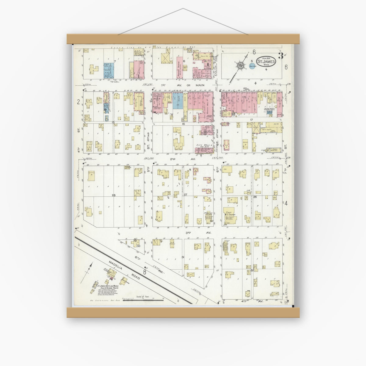 Old map wall art mockup — magnetic wood frame on white wall — Sanborn Fire Insurance Map from Saint James, Watonwan County, Minnesota (1914), Sheet #0003