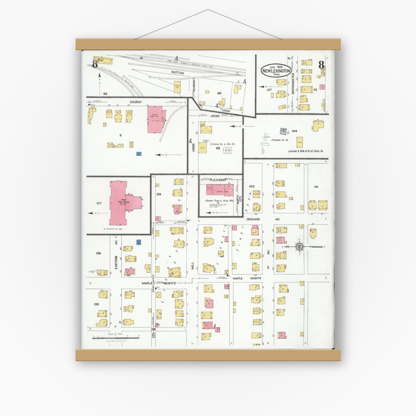 Old map wall art mockup — magnetic wood frame on white wall — Sanborn Fire Insurance Map from New Lexington, Perry County, Ohio (1926), Sheet #0008