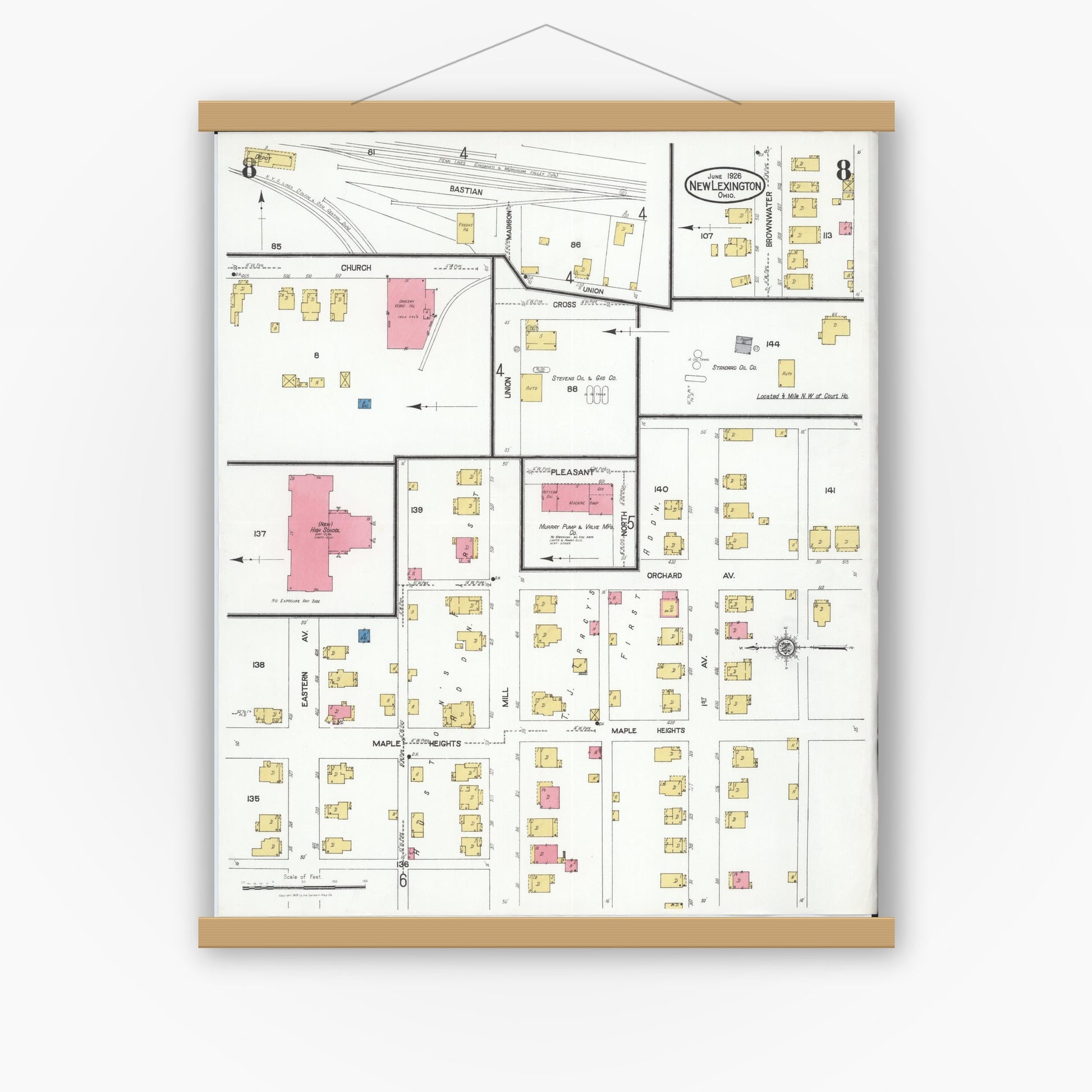 Old map wall art mockup — magnetic wood frame on white wall — Sanborn Fire Insurance Map from New Lexington, Perry County, Ohio (1926), Sheet #0008