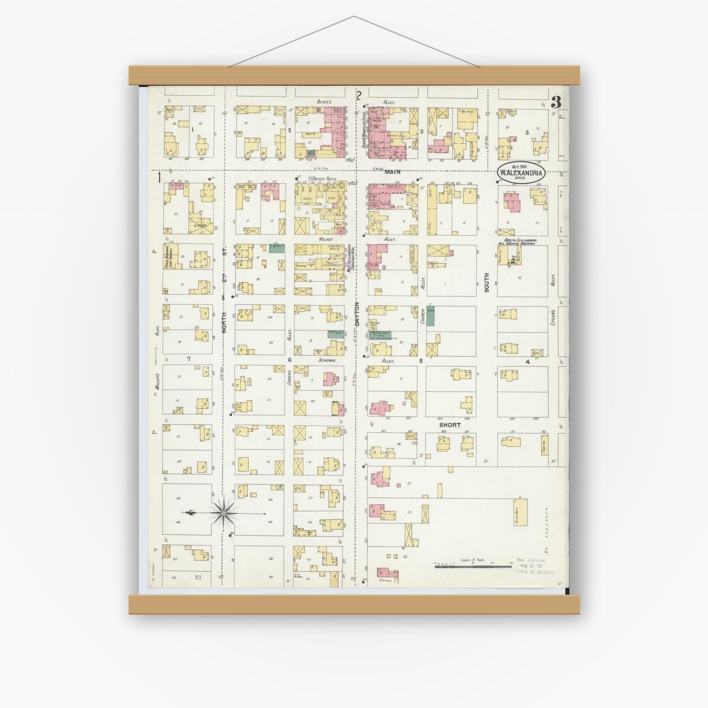 Old map wall art mockup — magnetic wood frame on white wall — Sanborn Fire Insurance Map from West Alexandria, Preble County, Ohio (1901), Sheet #0003
