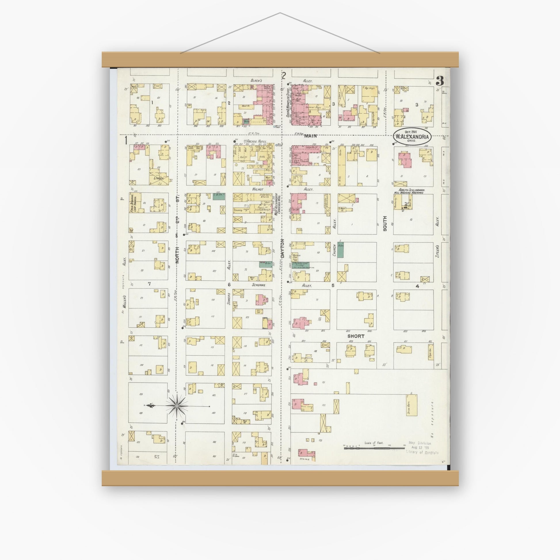 Old map wall art mockup — magnetic wood frame on white wall — Sanborn Fire Insurance Map from West Alexandria, Preble County, Ohio (1901), Sheet #0003