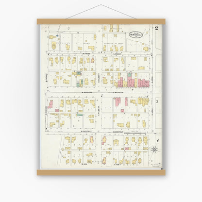 Old map wall art mockup — magnetic wood frame on white wall — Sanborn Fire Insurance Map from New Carlisle, Saint Joseph County, Indiana (1899), Sheet #0002