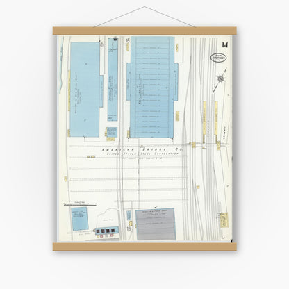Old map wall art mockup — magnetic wood frame on white wall — Sanborn Fire Insurance Map from Ambridge, Beaver County, Pennsylvania (1911), Sheet #0014