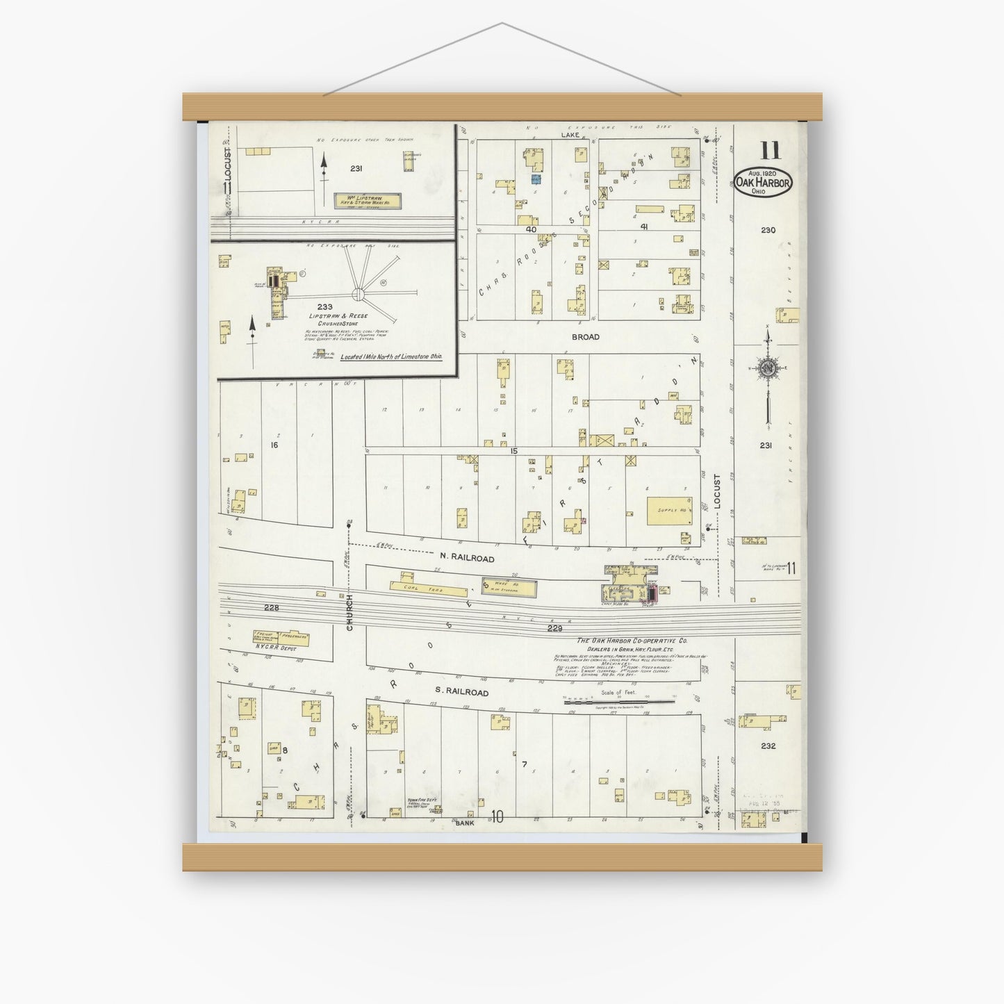 Old map wall art mockup — magnetic wood frame on white wall — Sanborn Fire Insurance Map from Oak Harbor, Ottawa County, Ohio (1920), Sheet #0011