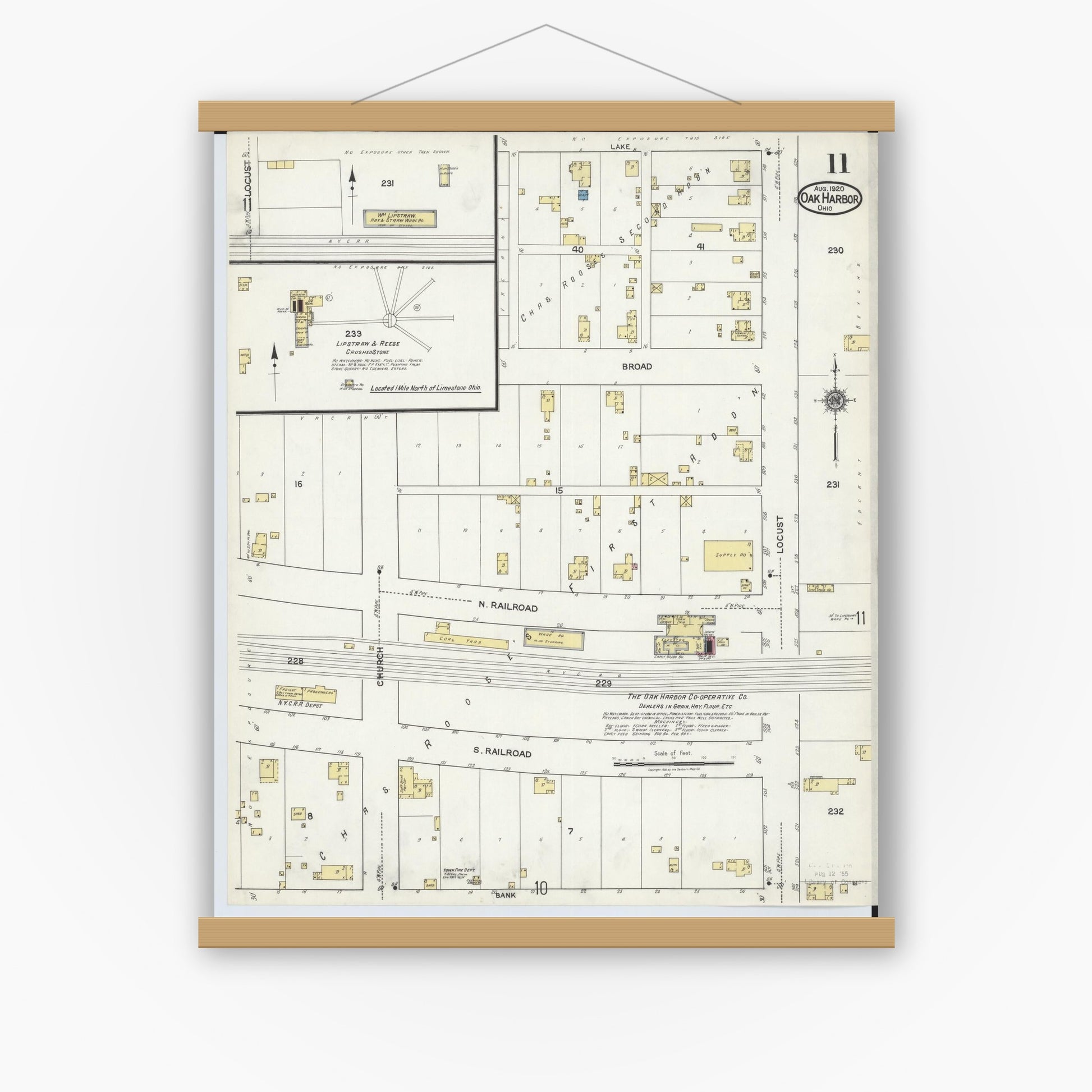 Old map wall art mockup — magnetic wood frame on white wall — Sanborn Fire Insurance Map from Oak Harbor, Ottawa County, Ohio (1920), Sheet #0011