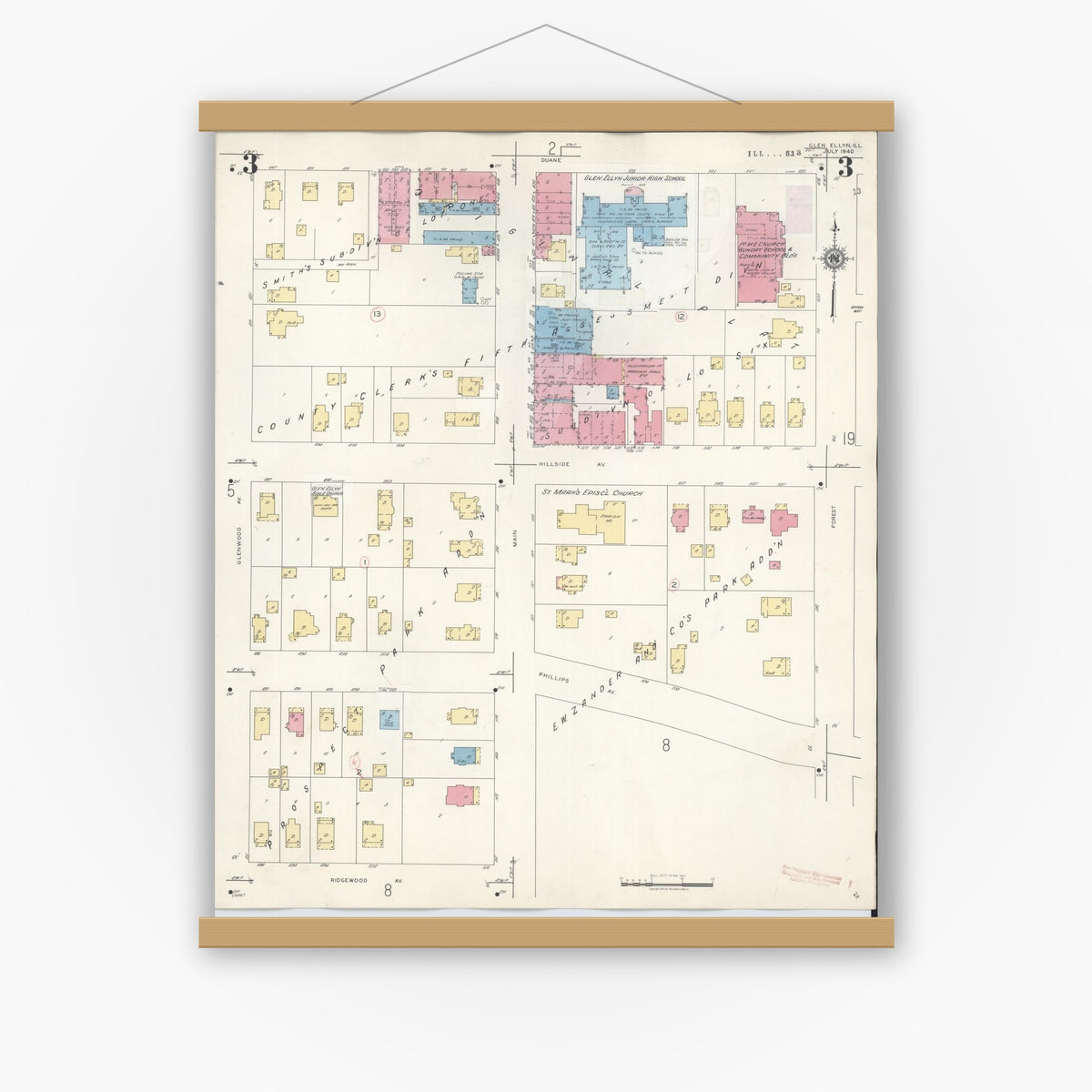 Old map wall art mockup — magnetic wood frame on white wall — Sanborn Fire Insurance Map from Glen Ellyn, Du Page County, Illinois (1946), Sheet #0003