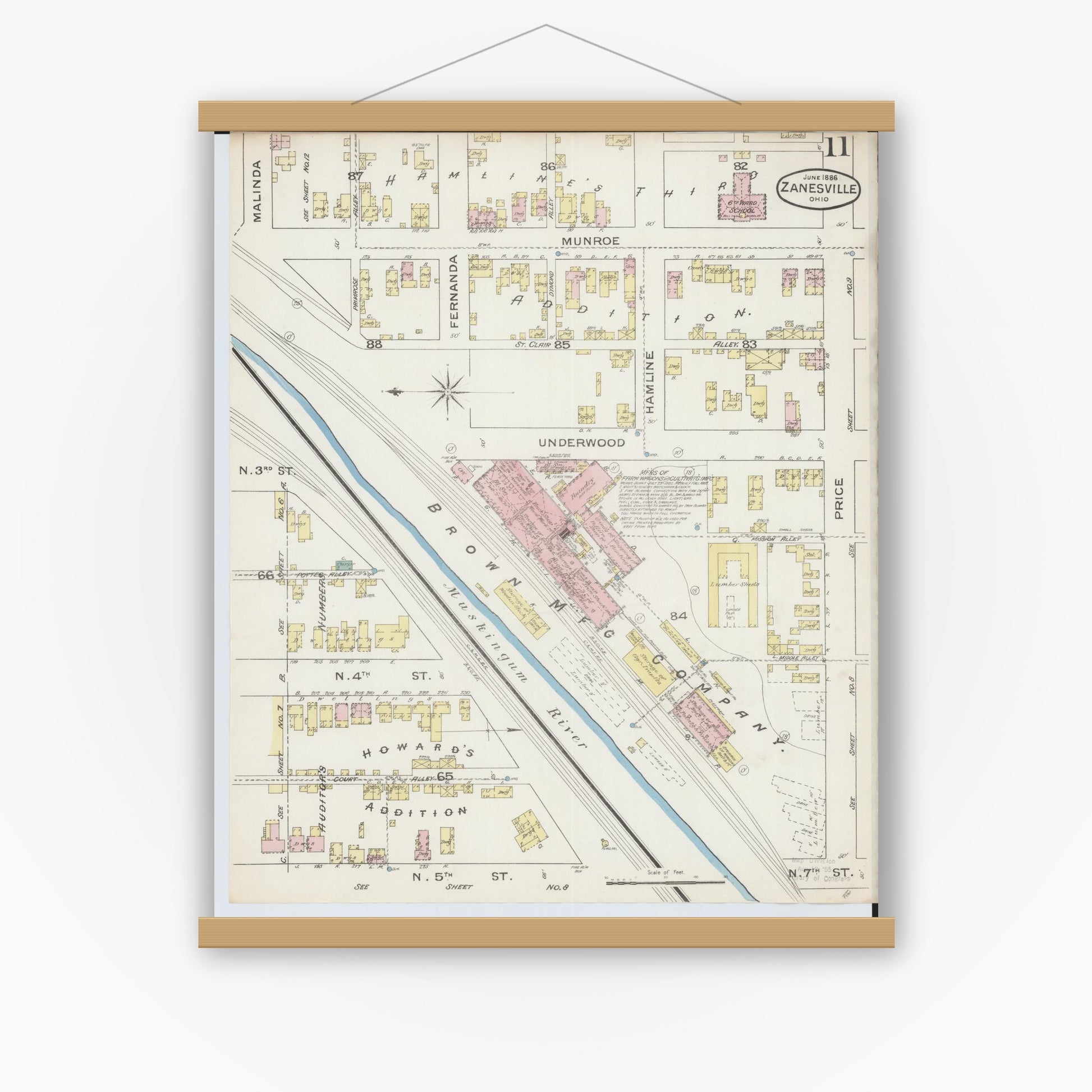 Old map wall art mockup — magnetic wood frame on white wall — Sanborn Fire Insurance Map from Zanesville, Muskingum County, Ohio (1886), Sheet #0011