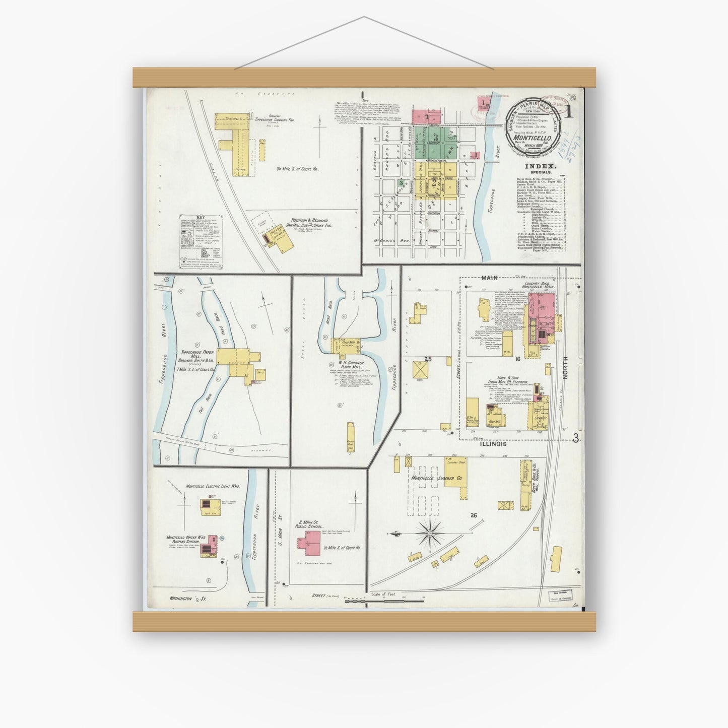 Old map wall art mockup — magnetic wood frame on white wall — Sanborn Fire Insurance Map from Monticello, White County, Indiana (1899), Sheet #0001
