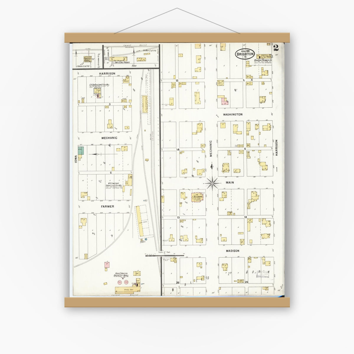 Old map wall art mockup — magnetic wood frame on white wall — Sanborn Fire Insurance Map from Brighton, Washington County, Iowa (1899), Sheet #0002