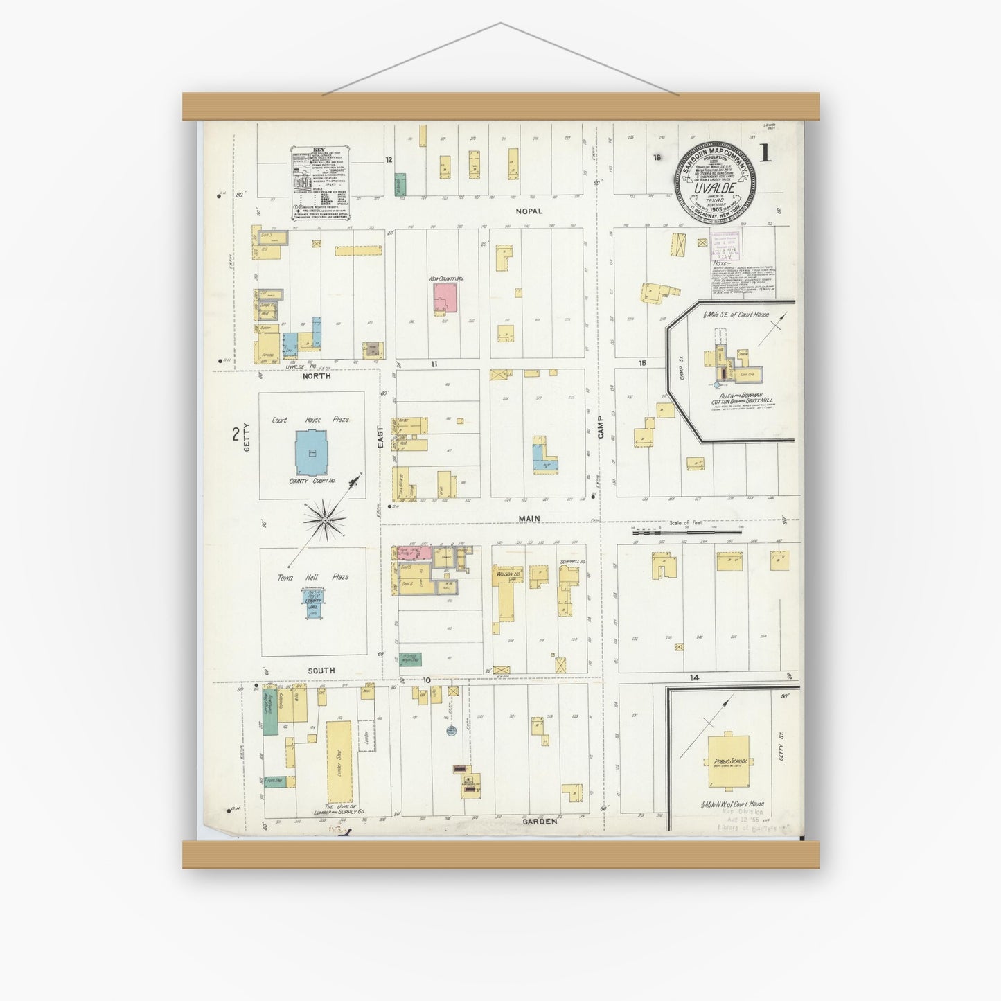 Old map wall art mockup — magnetic wood frame on white wall — Sanborn Fire Insurance Map from Uvalde, Uvalde County, Texas (1905) - Complete Map Set