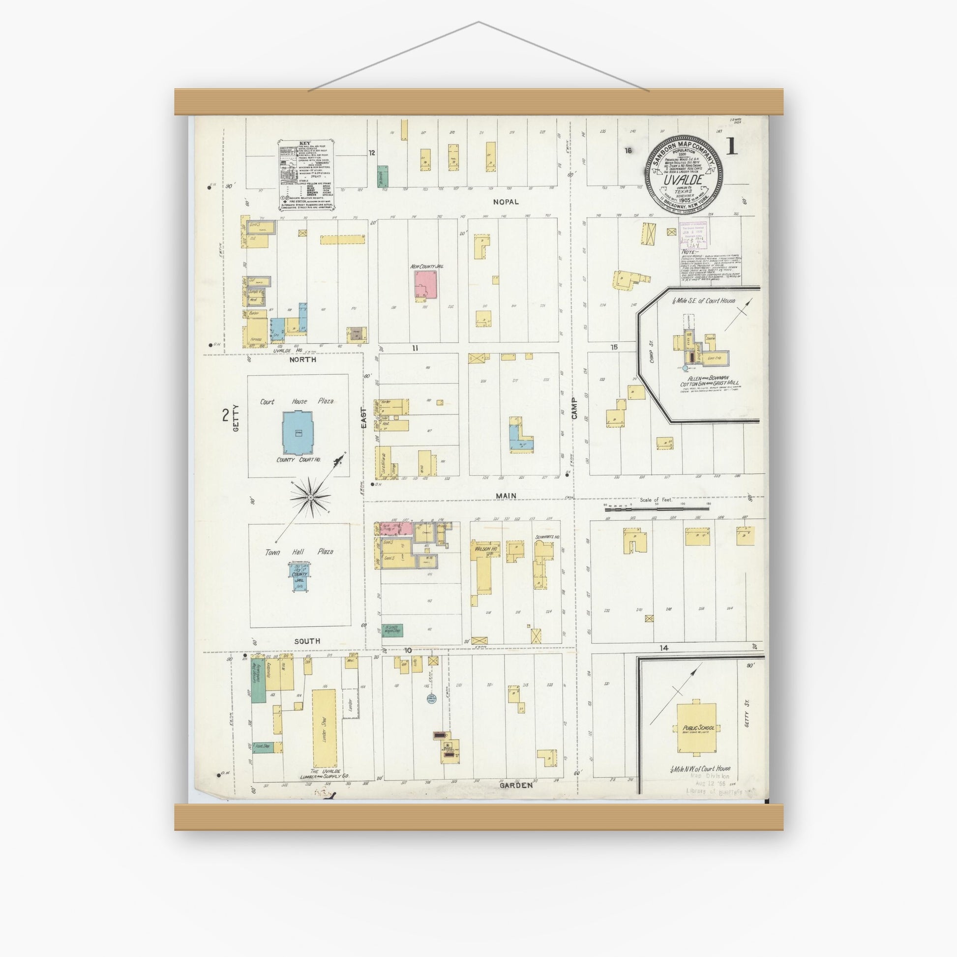 Old map wall art mockup — magnetic wood frame on white wall — Sanborn Fire Insurance Map from Uvalde, Uvalde County, Texas (1905) - Complete Map Set