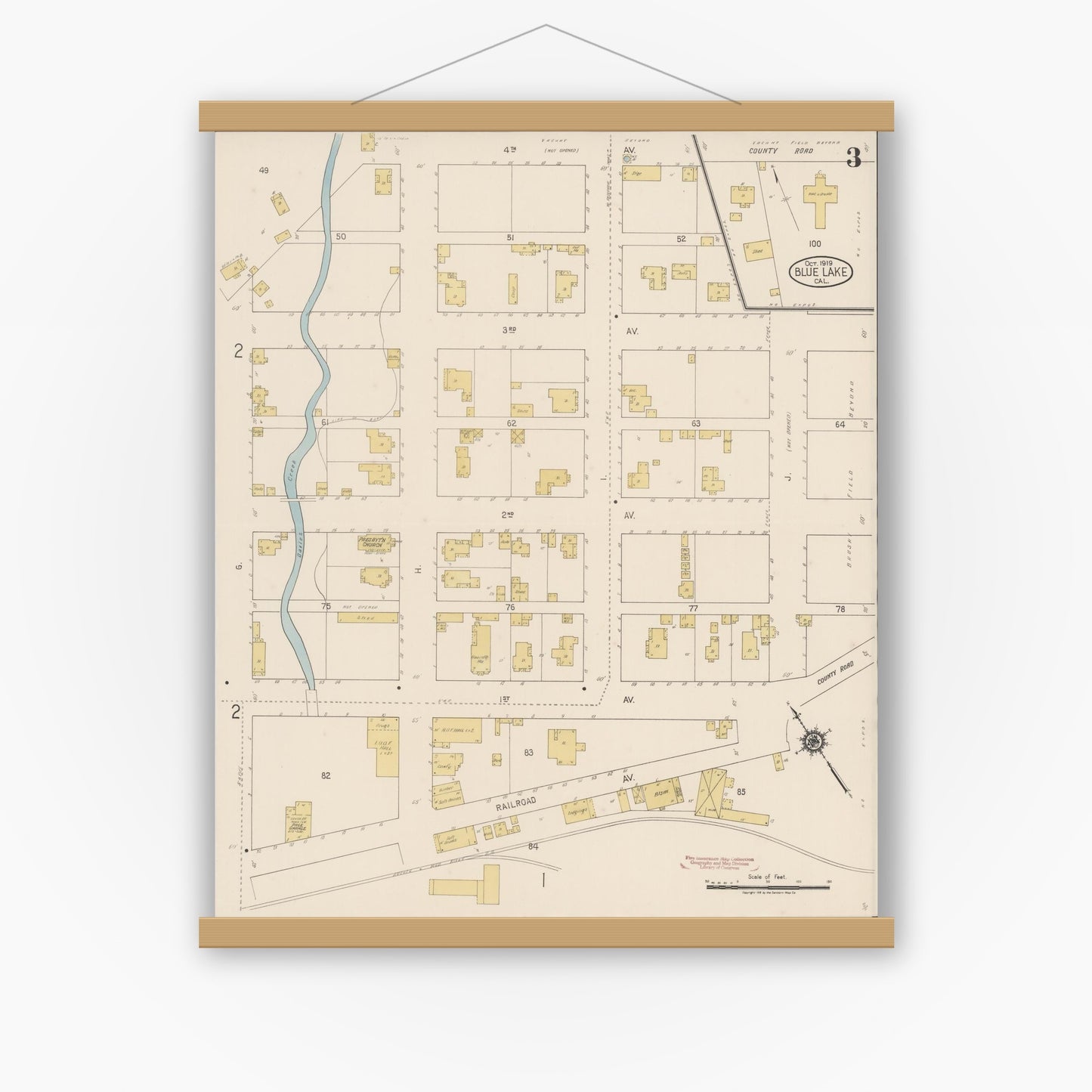 Old map wall art mockup — magnetic wood frame on white wall — Sanborn Fire Insurance Map from Blue Lake, Humboldt County, California (1919), Sheet #0003