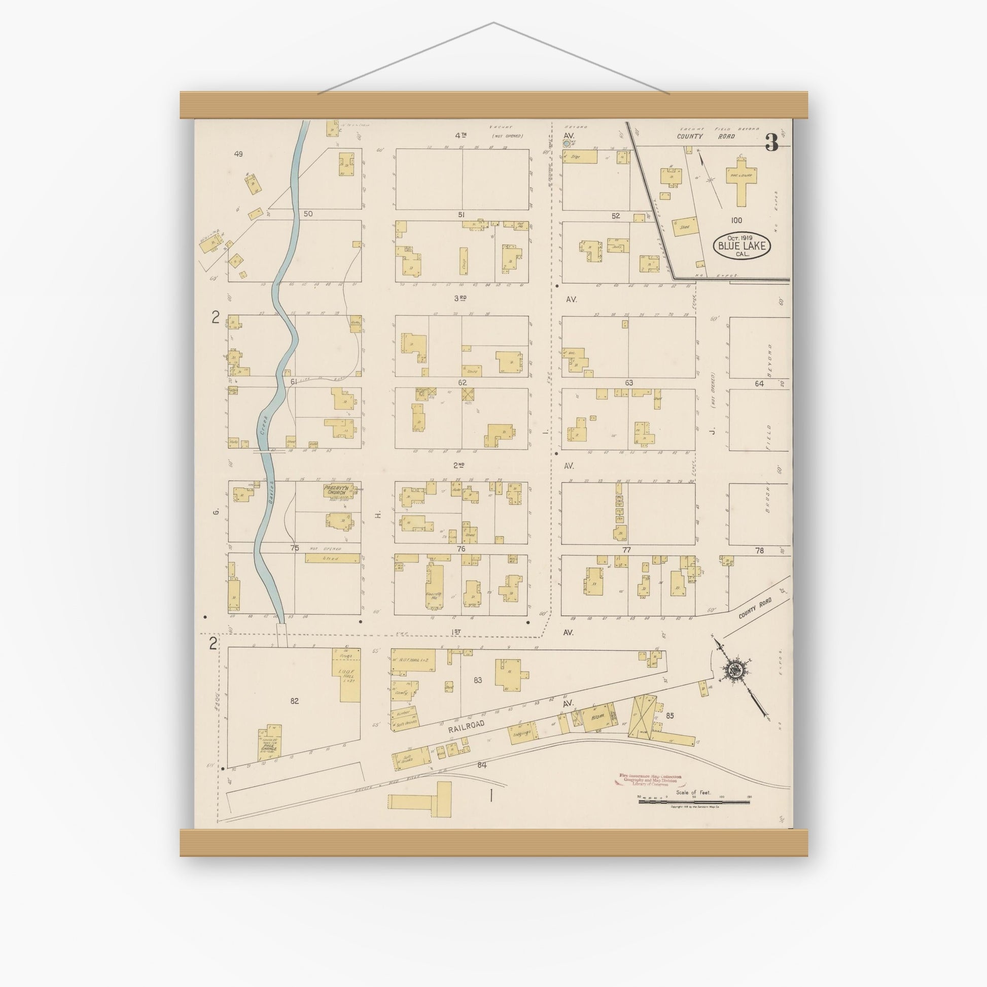 Old map wall art mockup — magnetic wood frame on white wall — Sanborn Fire Insurance Map from Blue Lake, Humboldt County, California (1919), Sheet #0003
