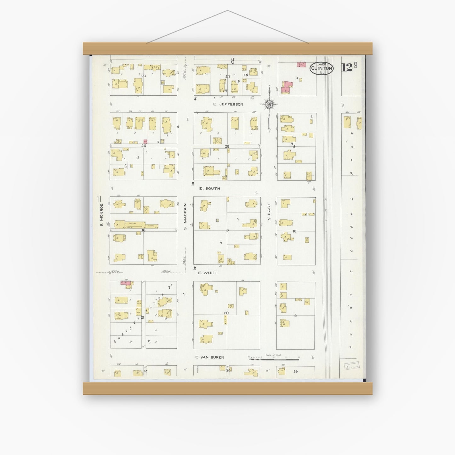 Old map wall art mockup — magnetic wood frame on white wall — Sanborn Fire Insurance Map from Clinton, De Witt County, Illinois (1916), Sheet #0012