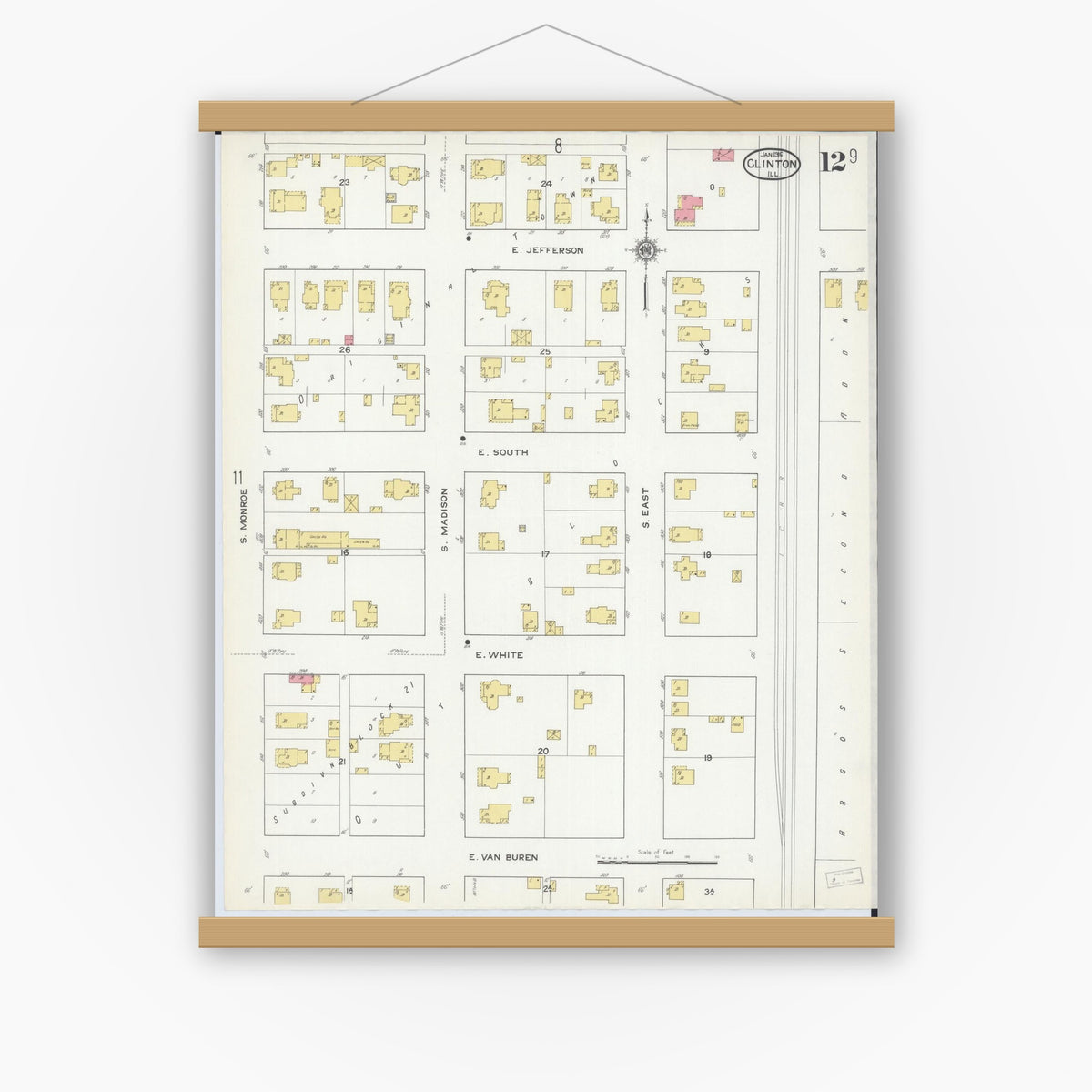 Old map wall art mockup — magnetic wood frame on white wall — Sanborn Fire Insurance Map from Clinton, De Witt County, Illinois (1916), Sheet #0012