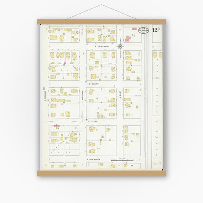 Old map wall art mockup — magnetic wood frame on white wall — Sanborn Fire Insurance Map from Clinton, De Witt County, Illinois (1916), Sheet #0012