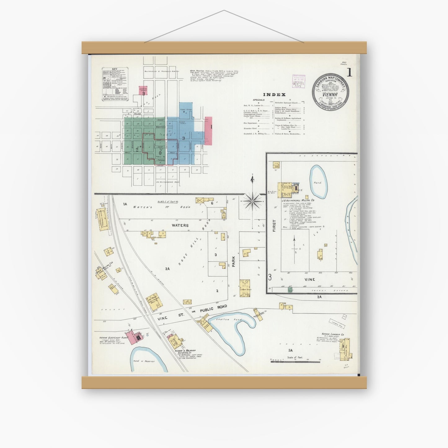 Old map wall art mockup — magnetic wood frame on white wall — Sanborn Fire Insurance Map from Vienna, Johnson County, Illinois (1907), Sheet #0001