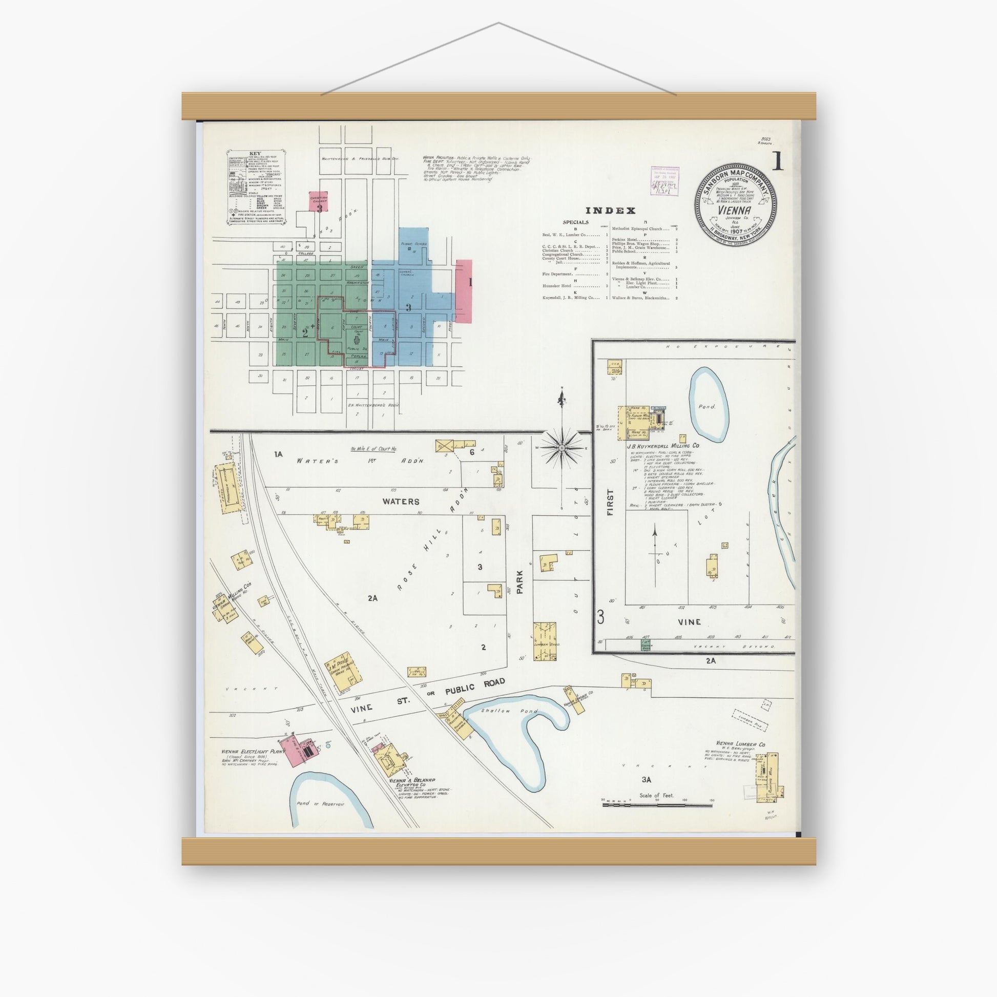 Old map wall art mockup — magnetic wood frame on white wall — Sanborn Fire Insurance Map from Vienna, Johnson County, Illinois (1907), Sheet #0001