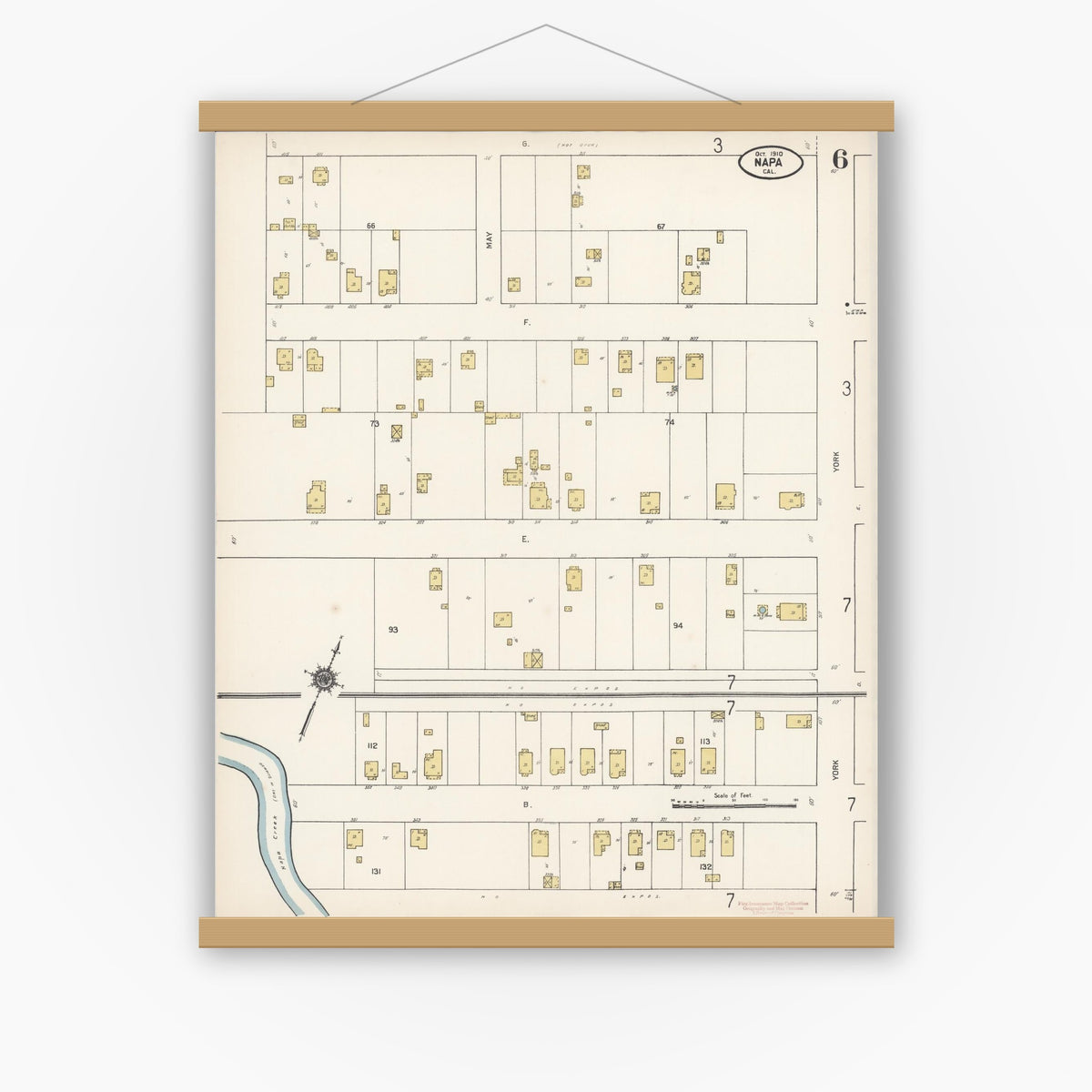 Old map wall art mockup — magnetic wood frame on white wall — Sanborn Fire Insurance Map from Napa, Napa County, California (1910), Sheet #0006