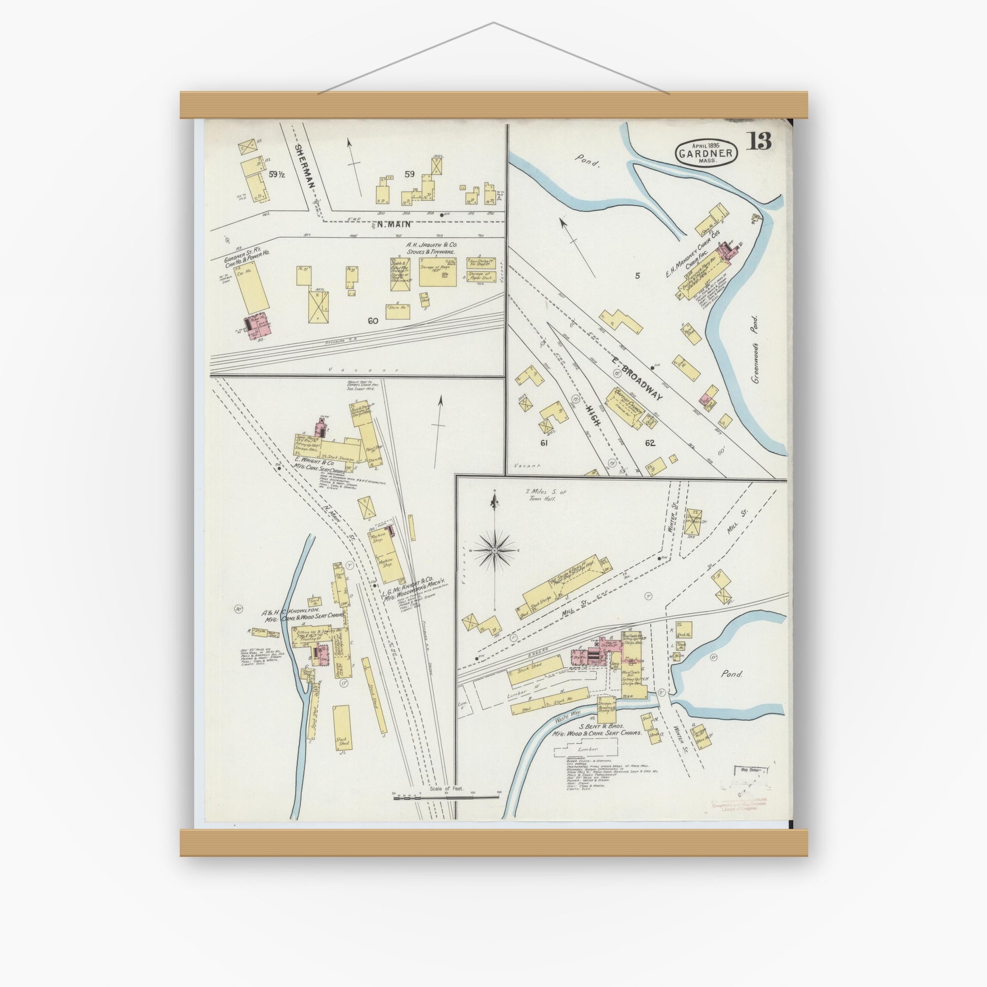 Old map wall art mockup — magnetic wood frame on white wall — Sanborn Fire Insurance Map from Gardner, Worcester County, Massachusetts (1895), Sheet #0013